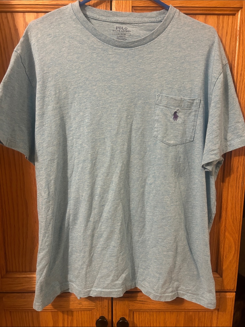 Polo by Ralph Lauren Heather Light Blue Pocket Tee with Purple Pony